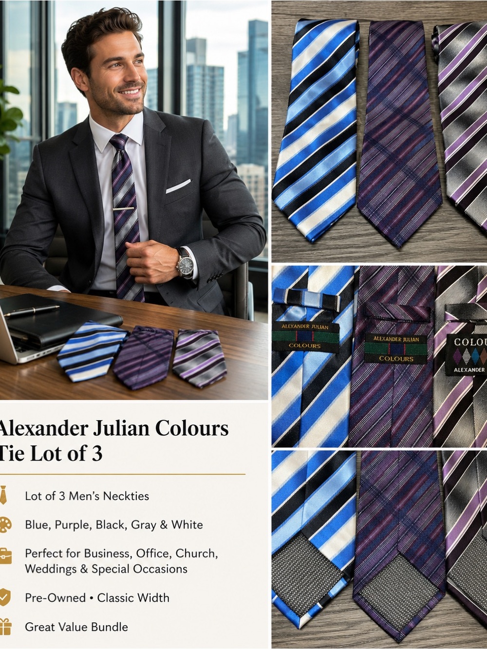 Alexander Julian Colours Tie Lot of 3 Blue Purple Striped Plaid Mens Neckties